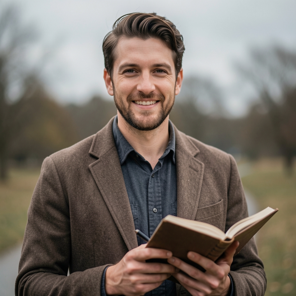 Candid portrait of a writer outdoors, overcast daylight, notebook in hand