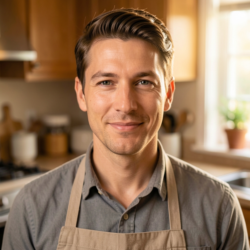 Portrait photograph in a kitchen environment, warm natural light, focus on face