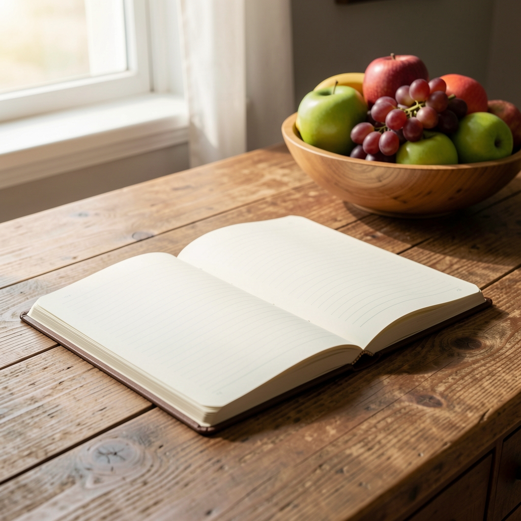 Notebook open on a wooden desk with fruit bowl in background, daylight coming from a window