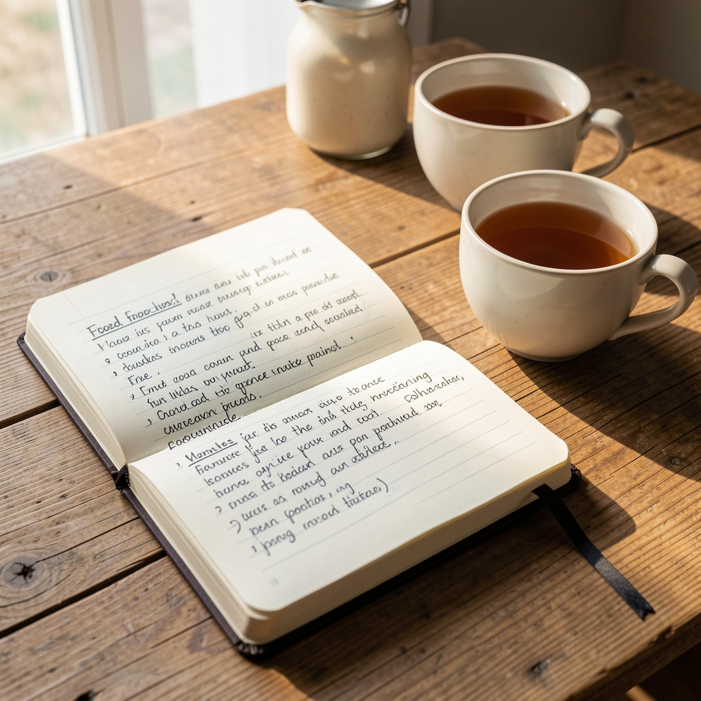 Notebook open on a wooden desk in daylight with handwritten food notes and a cup of tea