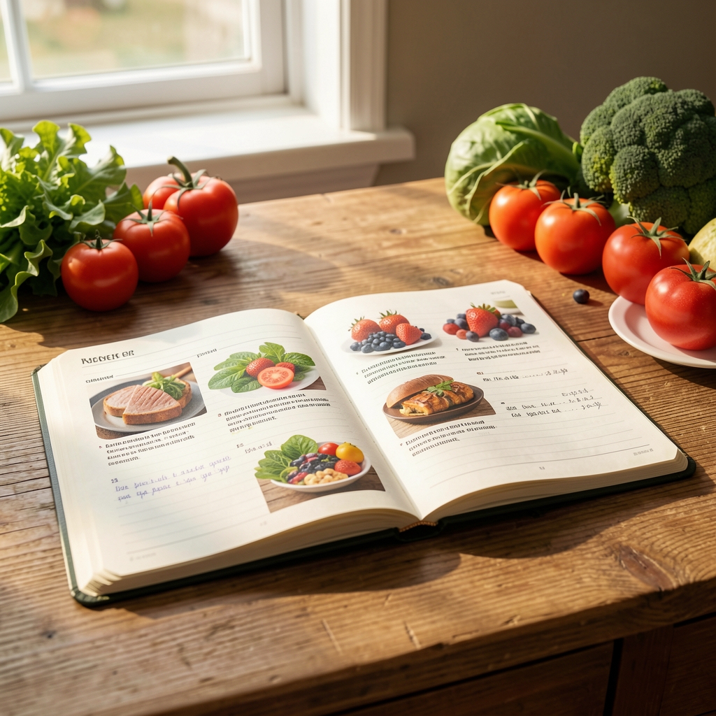 Open food journal on a wooden desk with morning light and fresh produce nearby