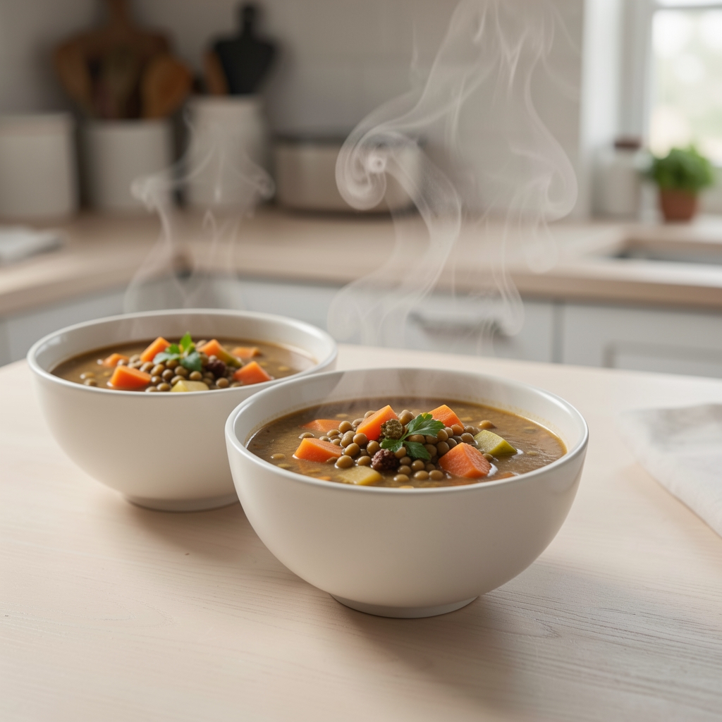 Bowls of winter lentil and root vegetable soup on a pale kitchen table, steam rising