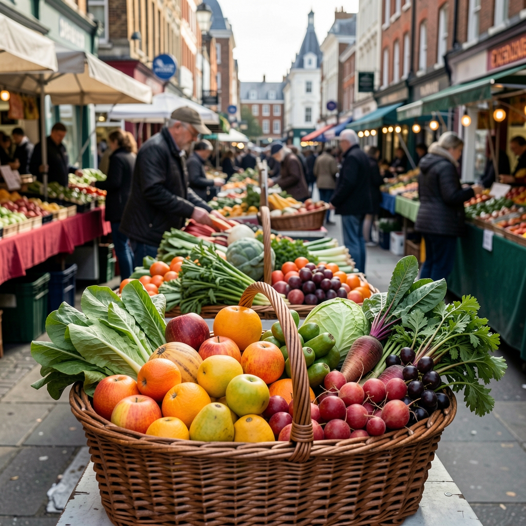 Autumn market produce arranged in crates with warm early morning light