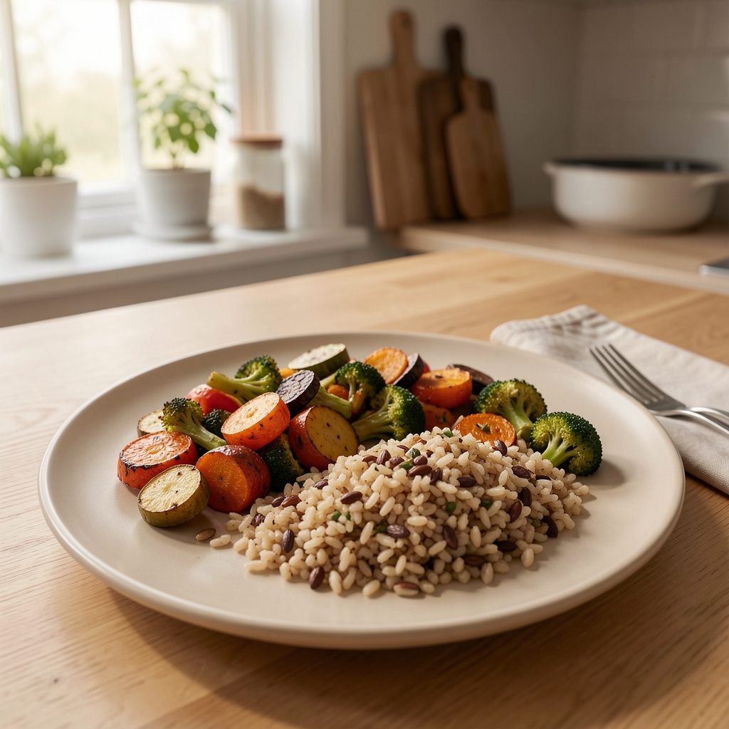 Simple evening meal of roasted vegetables and grains on a plain ceramic plate, natural kitchen light