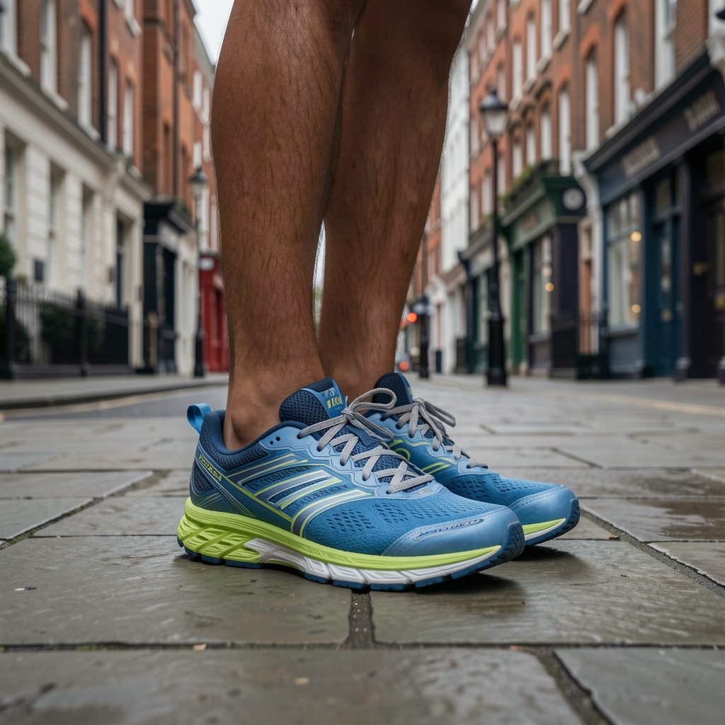 Running shoes placed on a London pavement with overcast morning light