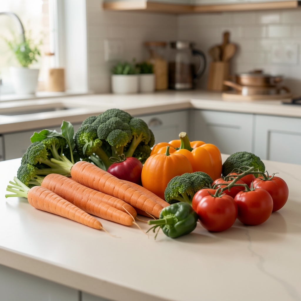 Seasonal vegetables arranged on a pale kitchen surface in natural morning light